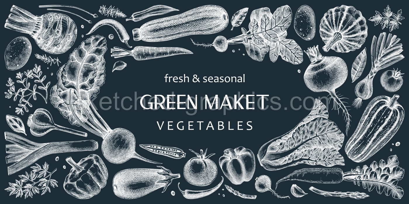 Hand-drawn vegetables vector illustrations on chalkboard. Hand-sketched healthy food collection. Vintage edible plants hand-drawings. Fresh vegetables sketches on chalkboard.  Illustration